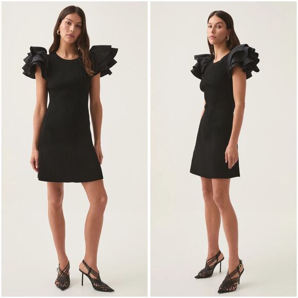 Aje Black Questa Puff Ruffle Sleeve Mini Dress Small - Picture 1 of 11